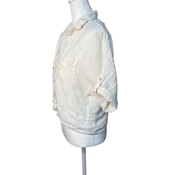 Cloth & Stone Anthropologie 100% Linen White Tie-Front Short Sleeve Crop Blouse - Picture 4 of 9